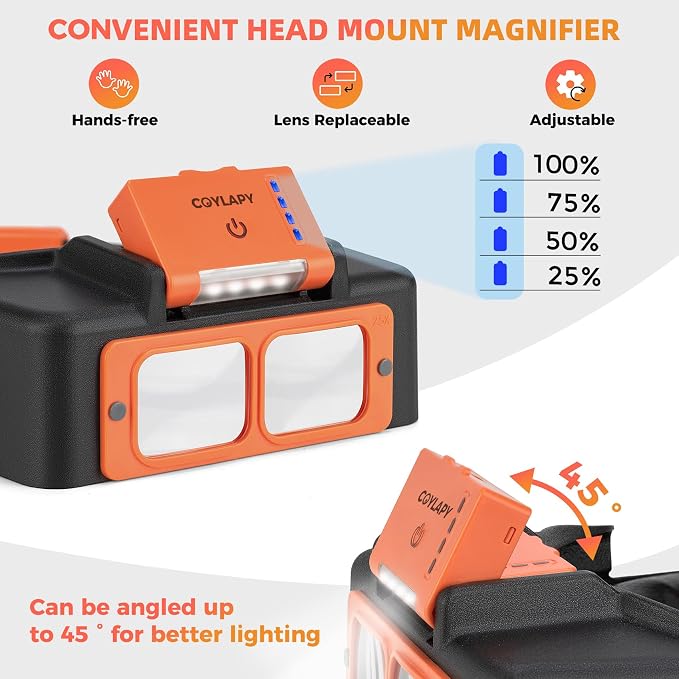 COYLAPY Headband Magnifier with Light, 1.5X-3.5X Magnifying Glasses | Rechargeable Led Light, 4 Lens (1.5x,2x,2.5x,3.5x), Ideal for Close work, Repair, Jewelry, Sewing, Beading, Crafts, Hobby