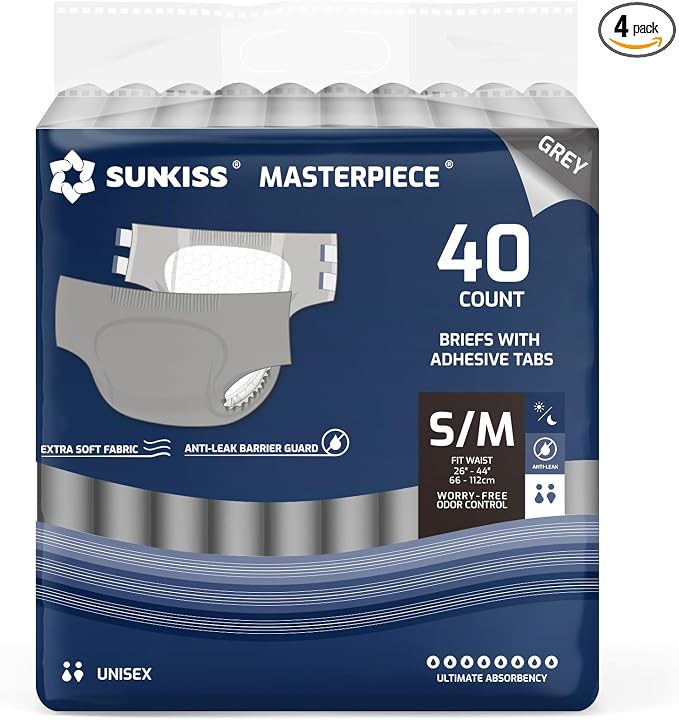 SUNKISS Masterpiece Adult Diapers with Tabs, Unisex Disposable Incontinence Briefs for Women and Men, Odor Control, Grey, S/M, 40 Count