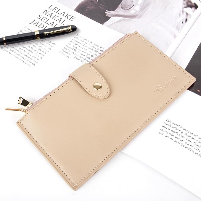 Travelambo Womens Leather Bifold Wallet, Slim RFID Blocking Card Holder | Large Capacity, 16 Card Slots & ID Window, 2 Zipper Pockets, Dual Snap Closure, Slim Lightweight, RFID Privacy Protection