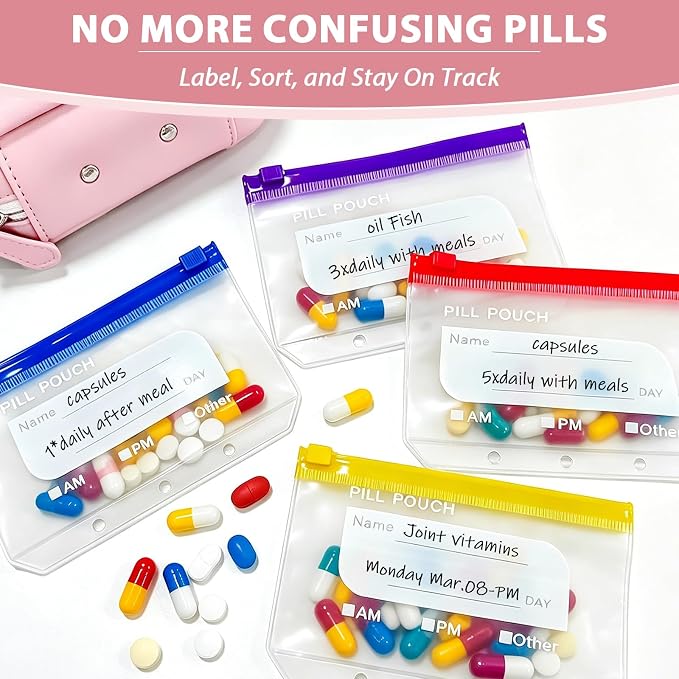 A8 Pink Waterproof Pill Pouch Set,Travel Pill Organizer with 14 Reusable Pill Pouches, Large 7 Day Twice-Daily Travel Medicine Case for Purse, Compact Medication Storage Bag