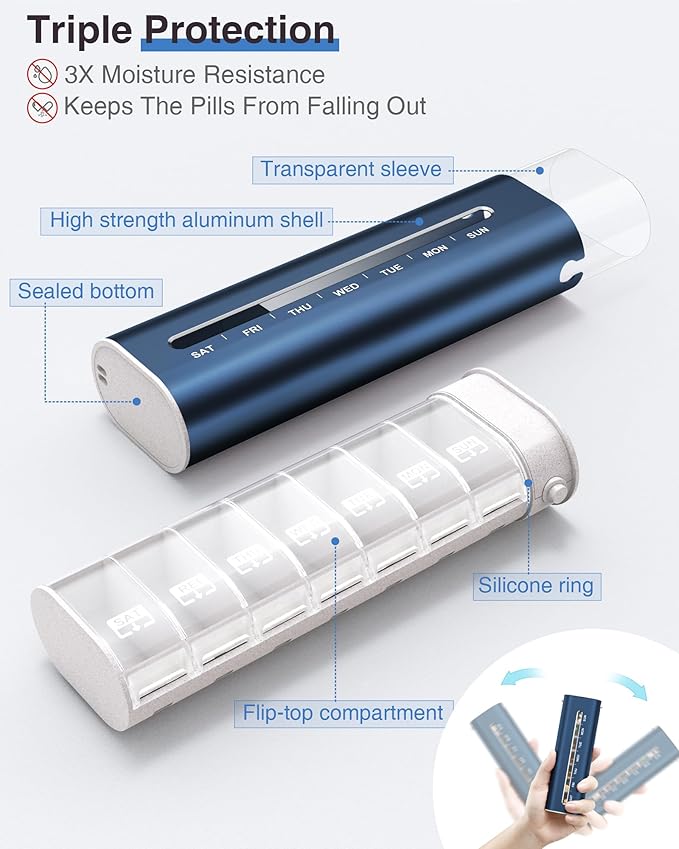 Zannaki Aluminum 7 Day Weekly Pill Organizer, Portable Travel Pill Case with Three Layer Seal, Large Capacity Cute Daily Pill Box, Pill Holder Container for Vitamins, Pills, Supplements and Medication