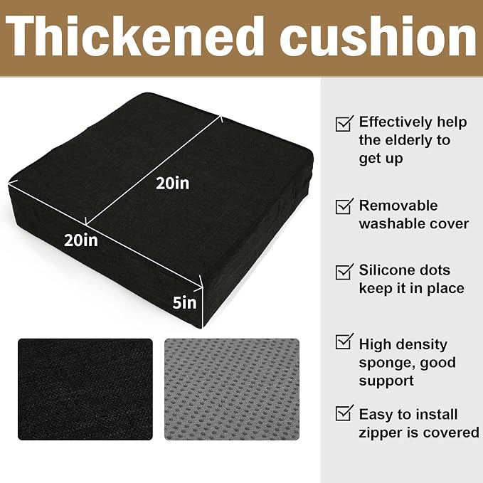 BUYUE Thickened Chair Lifting Cushion for Elderly 20" x 20" x 5", Original Woven Fabric High-Density Foam Recliner Chair Pad Couch Armchair Seat Cushion, Black