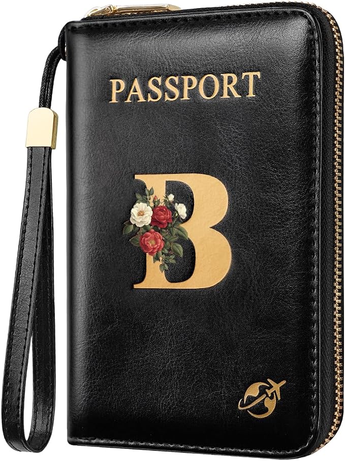 Passport Holder for Travel Personalized Wallet with Wristlet Women | Passport Cover, RFID Blocking, Passport Book Holders, Back Coin Pocket, Zipper Closure, Roses Initial Letter, Black B