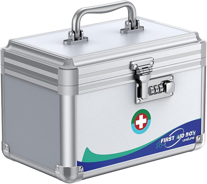 Uniclife Medicine Lock Box,10x6x6.5 in, Medication Lock Box With Code | Security combination lock, robust aluminum construction, portable carry handle, removable ABS tray, ideal for home & office