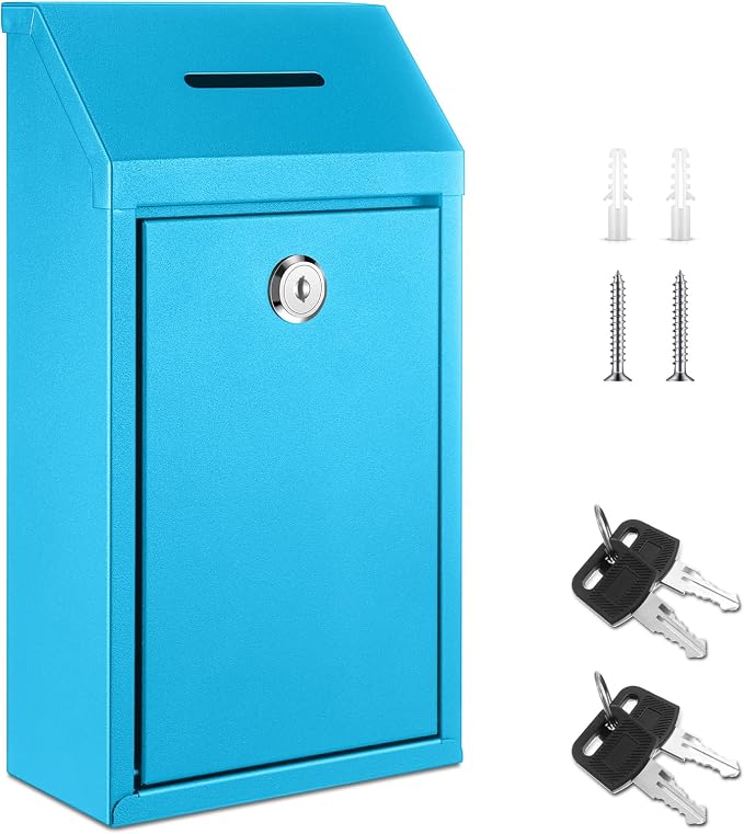 Yaocom Metal Money Box,Light Blue,10.24 x 5.71 x 2.95 Inch,No Lid | Wall Mounted Drop Donation Cash Box for Farm Stand Collection Safe Suggestion Box with Lock Container for Home Office Outdoor