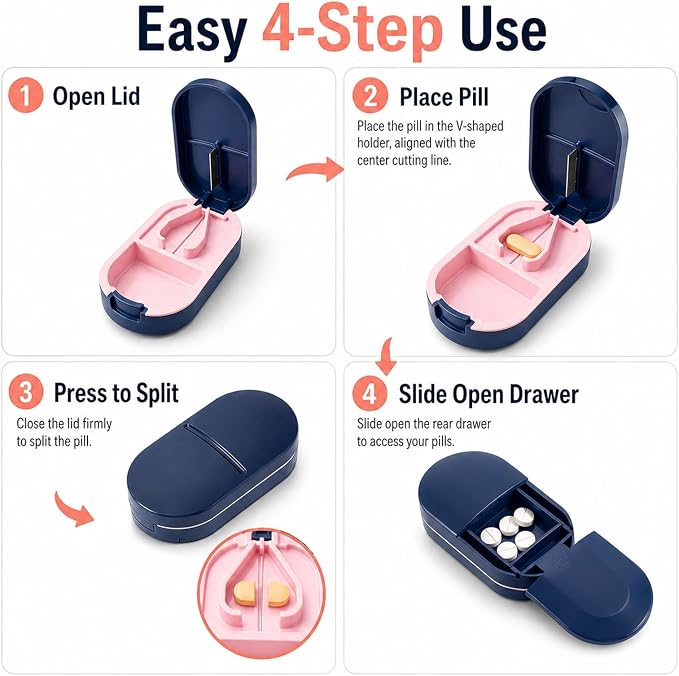 Pill Cutter Splitter for 1/2 Cuts, Small Tablets and Vitamins, Easy-Open Button, Built-in Storage, Shielded Stainless Steel Blade, Portable Tablet Splitter(Blue)