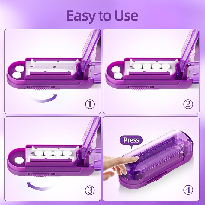 DUBSTAR 2PCS Pill Cutter Splitter for Small and Tiny Pills, Multiple Pill Cutters for Small or Large Pills, Adjustable Pill Splitter with Centering Device and Blade Guard (Purple+Blue)