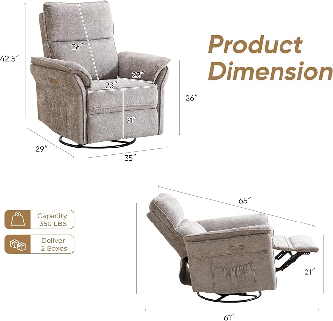 Power Nursery Recliner with Auto Rocking,Oversized Swivel Rocker Recliner with Massage and Heat,Glider Recliner Nursery Chair with Adjustable Headrest for Living Room and Bedroom,Light Grey