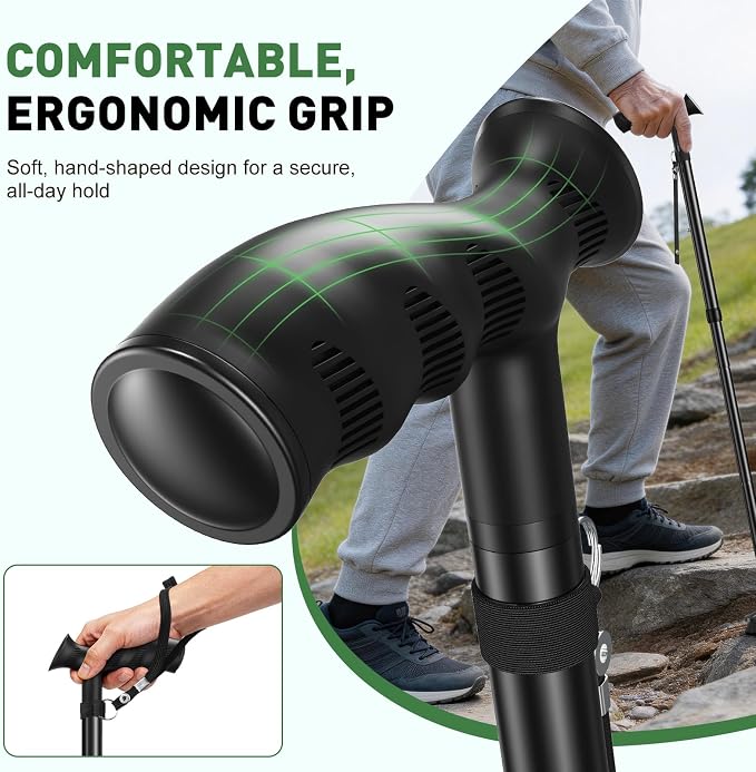 Walking Cane for Men & Women, Sturdy Walking Sticks for Seniors | Foldable, Adjustable, All Terrain Tips for Daily Use/Travel, Comfort Grip, Free Standing, Heavy-duty Aluminum, Black