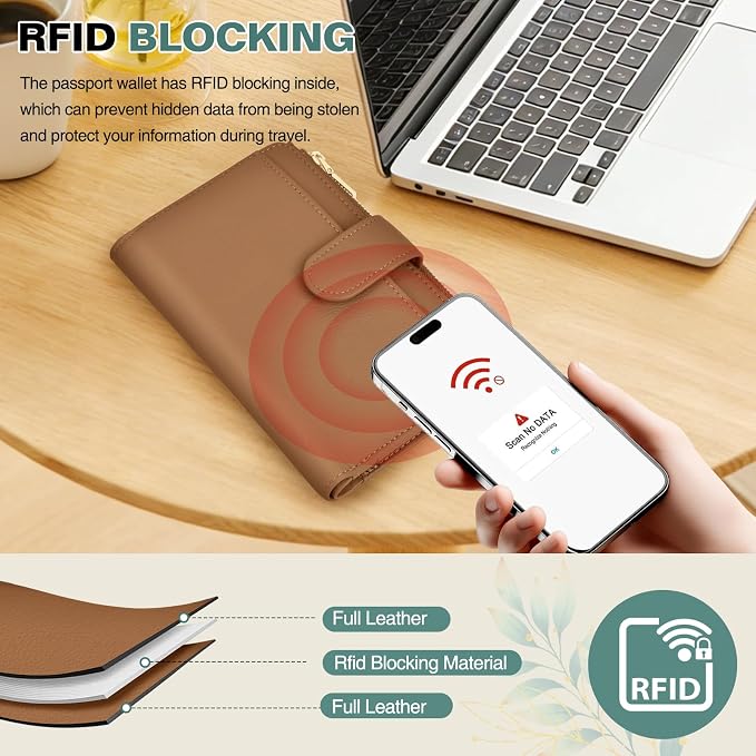 RFID Passport Holder for Travel, Leather Passport Wallet Cover with Airtag | with Airtag Slot, Card Cash Holders, Zippered Coins Pocket, for Women/Men, Gift Box, Travel Essentials, 4.1"L x 1"W x 6.3"H