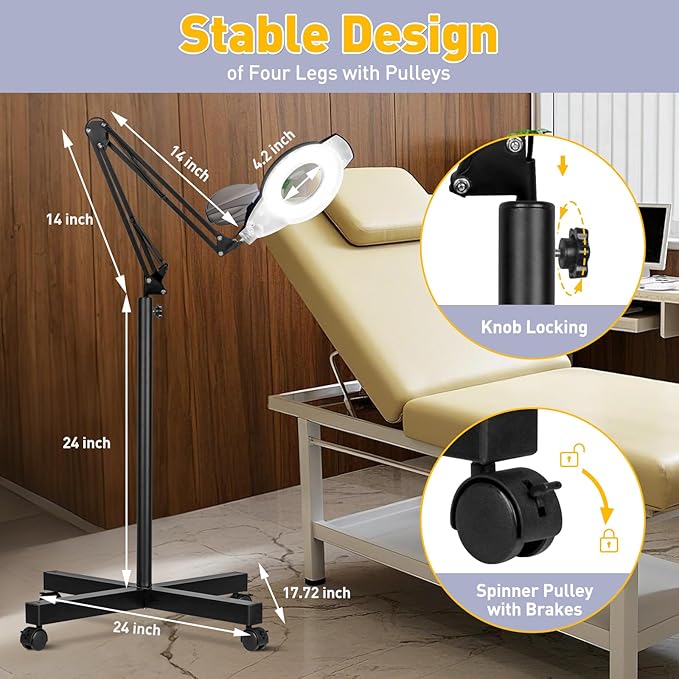 10X Lighted Magnifying Glass with Light, NUEYiO 2200 Lumen Stepless Dimmable Magnifying Floor Lamp, 2-In-1 Adjustable Metal Swing Arm LED Magnifier Lamp, Esthetician Light for Tattoo Reading Soldering