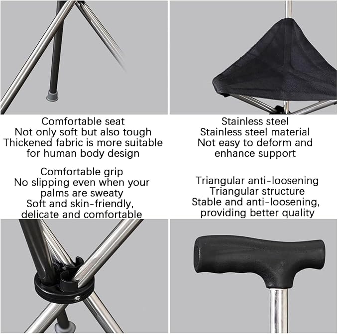 Folding Stool with Cane Bases Walking Stick with Seat Folding Walking Stick for Travel Lightweight Balance 330 lbs Walking Stic Unisex for Seniors Lightweight Walking Stick and Stool 2 in 1
