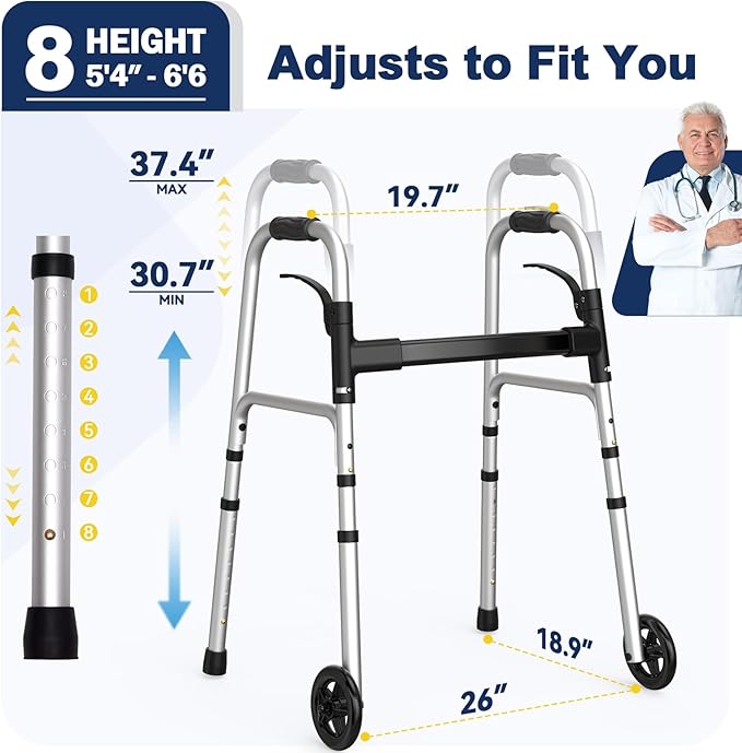 Folding Walkers for Seniors with Basket and Glide Skis, 5" Wheels Lightweight Rolling Walker, Support Up to 350 lbs, Height Adjustable Standard Compact Walker, Silver