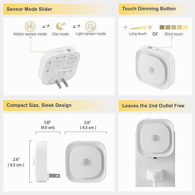 2 Pack Plug in Night Light with Motion Sensor & Dusk to Dawn Sensor, 3 Sensor Modes, Night Lights Plug into Wall, Auto ON/Off, Dimmable Nightlight for Bathroom, Stairs, Kitchen, Cool White