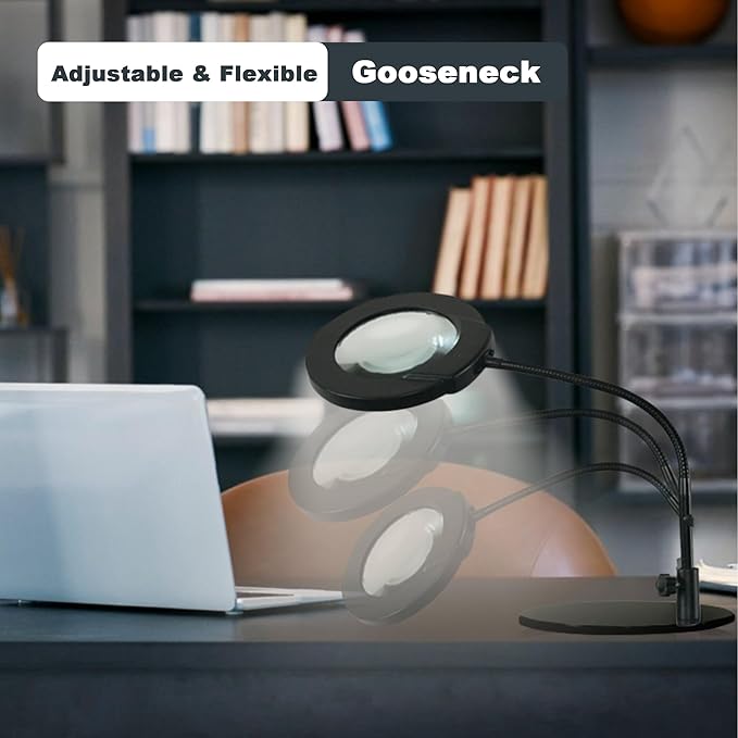 Magnifying Glass with Light and Stand 10X, 5 Color Modes Dimmable LED Lighted Desk Lamp, Hands Free Flexible Gooseneck Magnifier with Light for Reading Craft Hobby Painting Sewing Close Work Seniors