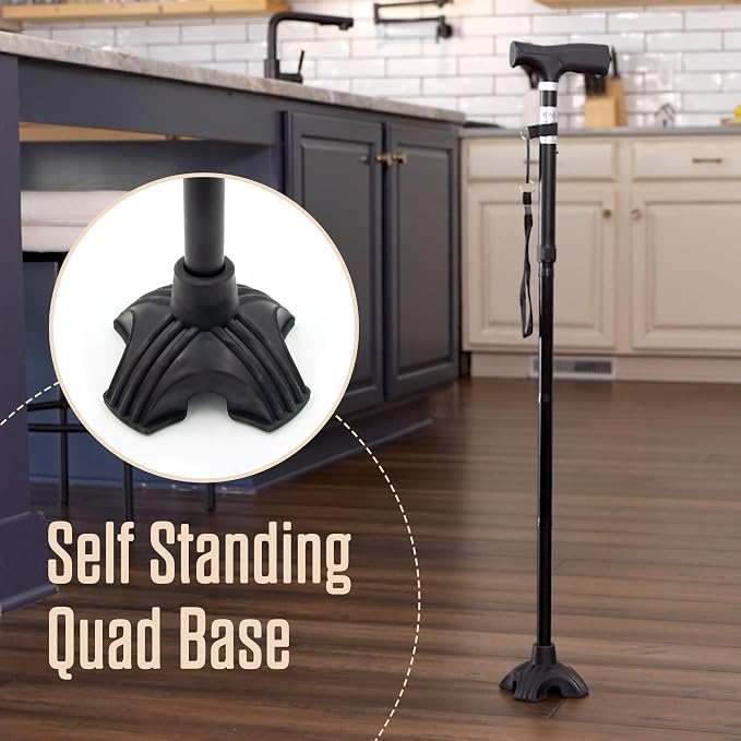 DMI Rugged Stride All-Terrain Adjustable Walking Canes for Women & Men, Sturdy Foldable Walking Stick for Stability, Quad Pivot Base, Compact, Free-Standing, Travel Friendly - Ergonomic Grip, Black