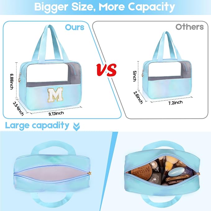 Personalized Initial Clear Makeup Bag Blue Cosmetic Bag Set Large Travel Toiletry Bag, Cute Clear Make Up Bags Organizer Bag for Girlfriend Teacher Gifts Teen Girl Gifts Trendy Stuff R (Blue)
