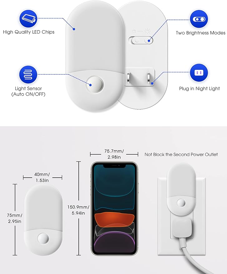 L LOHAS LED Blue Night Light, Night Lights Plug into Wall[2 Pack], 0.6W LED Nightlight, Dusk to Dawn Sensor, 30/60LM Adjustable Brightness, Automatic Night Light for Kid, Bathroom, Nursery, Hallway