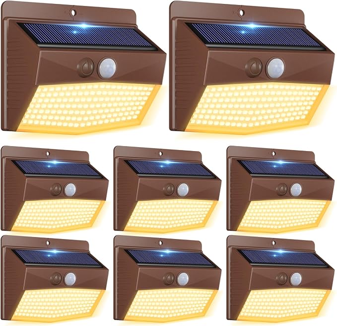 8 Pack Solar Motion Sensor Lights Outdoor Waterproof with 3 Modes | Warm White, Brown Frame, LED, Solar Powered, Security Lighting for Outside Wall Garden Fence Yard Deck Patio Garage