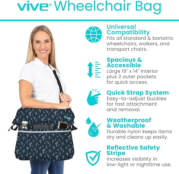 Vive XL Wheelchair Accessories Bag - Waterproof, Scratch-Resistant, Double-Stitched, Machine Washable for Adults, Seniors, 15 Colors - Storage Walker Backpack to Hang on Back