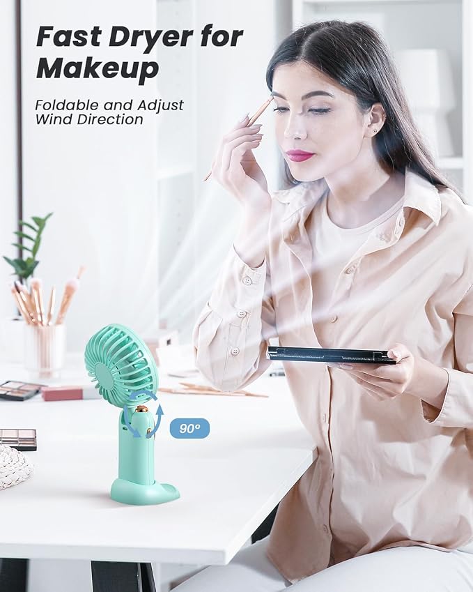 coldSky Portable Handheld Fan, 4000mAh Battery Operated Fan with LED Display, Handheld/Neck/Desk 3 in 1 Personal Small Fans, 90° Foldable Desk Fan with Base, 5 Speed Makeup Lash Fan for Women Green