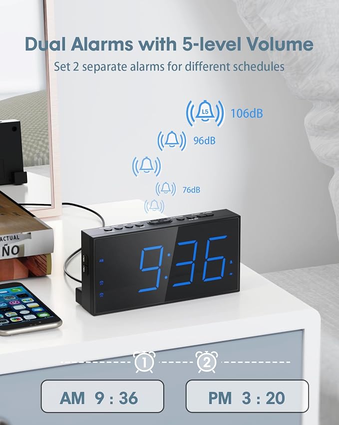 Roxicosly Alarm Clock with Bed Shaker, Vibrating Alarm Clock for Heavy Sleepers/Hard of Hearing/Deaf,Dual Alarms, 7.5’’ Large LED Display, Dimmer, USB Charging Port, Plug-in with Memory Function
