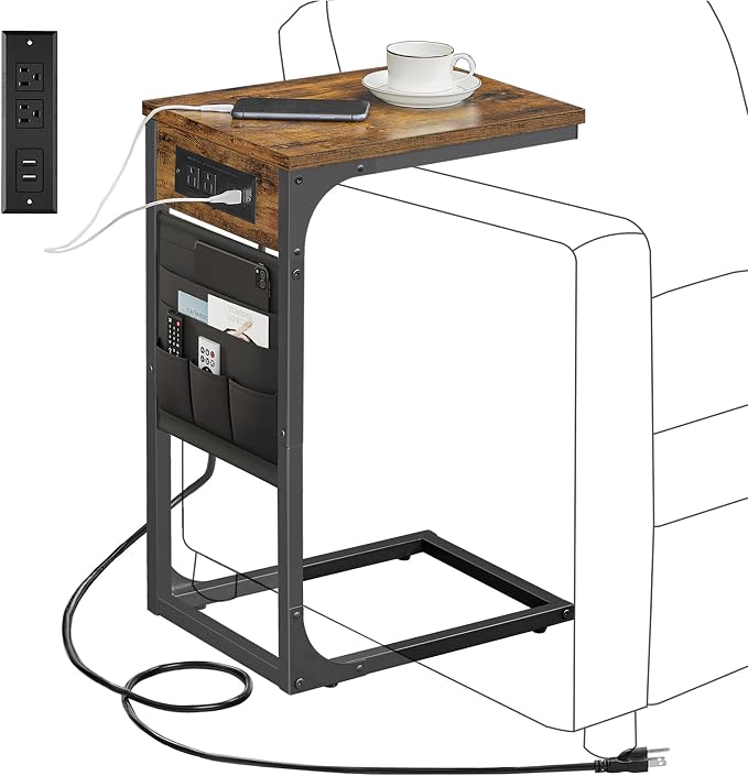 TUTOTAK C Shaped End Table with Charging Station, Side Table for Sofa | Couch Table with Storage Bag, TV Tray with 2 USB Ports and Outlets, Living Room and Bedroom, Brown TB01BB024