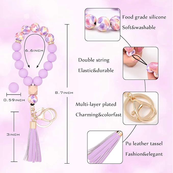 BAOSIWA Silicone Key Ring Bracelet Wristlet Keychain Unique Beaded Bangle Key Chains for Women with Leather Tassel