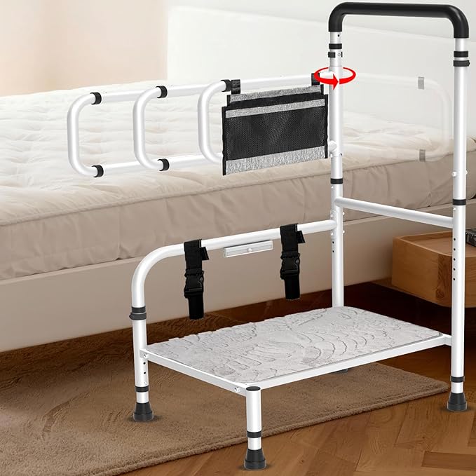 Bed Step Stool for Elderly/High Bed, 360 ° Anti Fall Armrest，Support 800 lbs, 8-Level Adjustable Height, Storage Bag, Memory Sponge Carpet, USB Light, 3 4m Fixed Strap, for Bed Height Below 40″