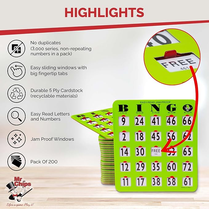 MR CHIPS Jam-Proof Easy-Read Large Print Fingertip Bingo Cards with Sliding Windows 200 Pack in Green Style