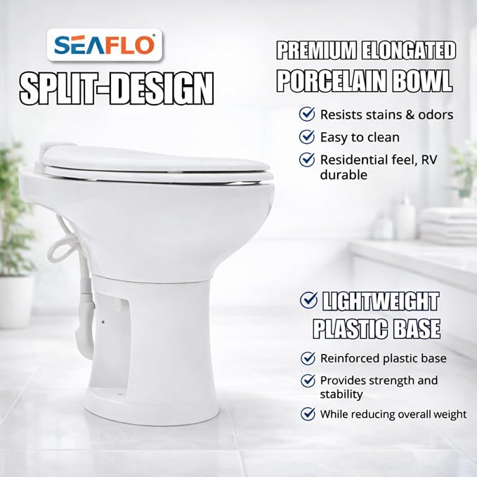 SEAFLO Porcelain RV Toilet with Sprayer Attachment - Elongated Bowl 19” Inch Residential Height, Gravity Flush, Foot Pedal Soft Close Seat Camper Motorhome Easy Install 4 -year Warranty SFRTCH-02-02