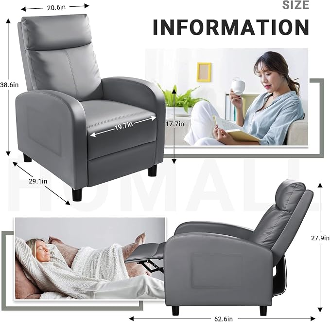 Homall Recliner Chair, Recliner Sofa PU Leather for Adults, Grey Recliners | Home Theater Seating with Lumbar Support, Reclining Sofa Chair for Living Room