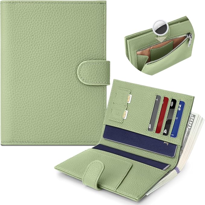 Genuine Leather Passport Holder for Women Men, Hidden Airtag Pocket, RFID Blocking, Zippered Coins Pocket & Cash Compartment Travel Gifts Essentials Passport Cover Case - Light Green