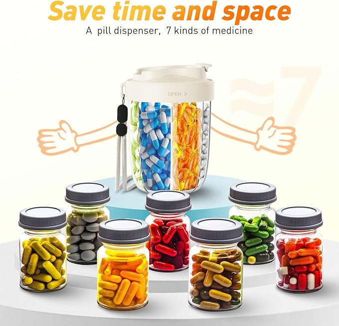 Large Pill Dispenser to Store 7 Various Supplements - Pill Organizer & Supplement Organizer for Travel, Anti-Mixing Design, with Strap & 20 Sticky Labels （Off-White）