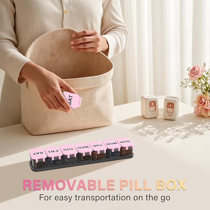 Extra Large Weekly Pill Organizer - XL Vitamin Holder with 7 Detachable Compartments, Portable Medicine Pill Organizer for Supplements, Daily Pill Case for Home and Travel,Pink