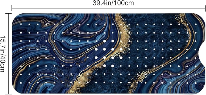LNOND Marble Bath Tub Mat Non Slip, Extra Long 40 X 16 Inch Anti Slip Mat for Bathtub, Blue Luxury Marble Shower Mat with Drain Holes and Suction Cups, Machine Washable