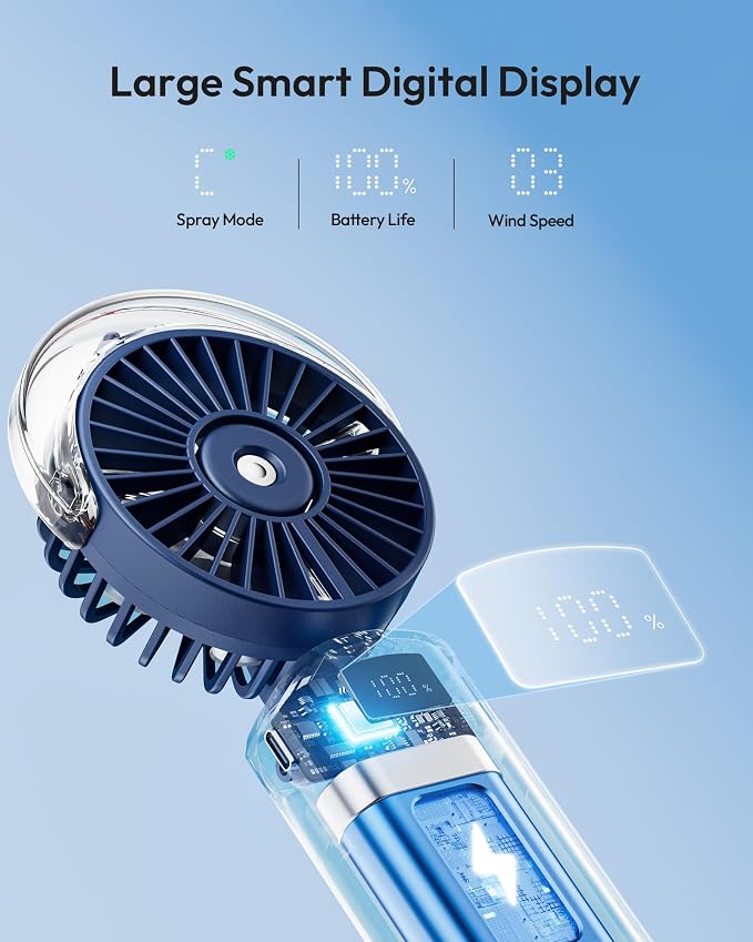 Gaiatop Portable Misting Fan, Rechargeable Handheld Fan with Water Spray | Water Mist Spray, Foldable Design, 3 Speeds, LED Display, USB Rechargeable Fan for Travel, Concerts and Outdoor Use