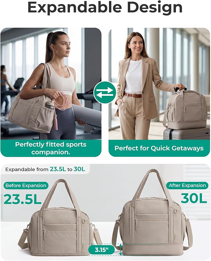 BAGSMART Expandable Personal Item Travel Bag, Lightweight Gym Bag for Women, 24L Weekender Travel Duffle with Toiletry Bag, Carry on Overnight Duffel, Camel