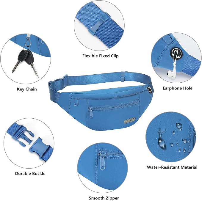 Large Blue Crossbody Fanny Pack for Women Men Belt Bag Fit All Phones | 4-Zipper Pockets,Nylon,Fashion,Gifts for Enjoy Sports Yoga Running Workout Walking Casual