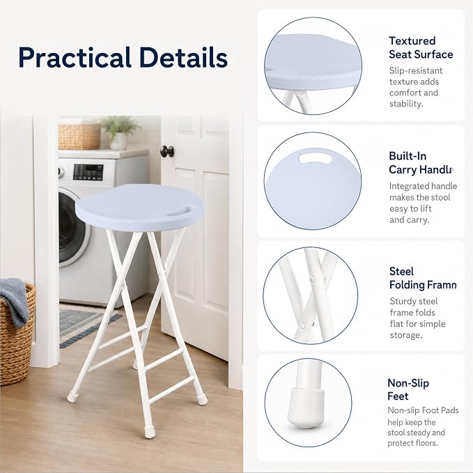 24-Inch Folding Stool with Handle, Folding Bar Stool with Non-Slip Feet,Folding Chair,Indoor and Outdoor Foldable Stool for Adults,500 lbs Capacity,Kitchen,Game Room(13"×11.5"×24",White)
