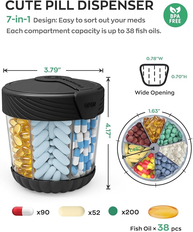 Cute Pill Dispenser with 7 Large Compartments, Portable Pill Bottle Organizer with Wide Opening for Travel, Anti-Mixing Pill Container, Shatterproof BPA-Free, Includes 20 Pcs Labels, Black
