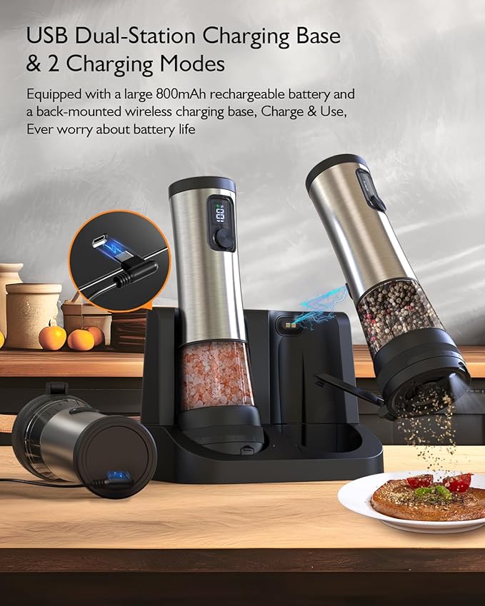 Electric Salt and Pepper Grinder Set, Upgraded 2-Speed Setting, External 5 Adjustable Coarseness, Battery Display Rechargeable Base, Stainless Steel Automatic Salt & Pepper Shakers Mill with LED Light