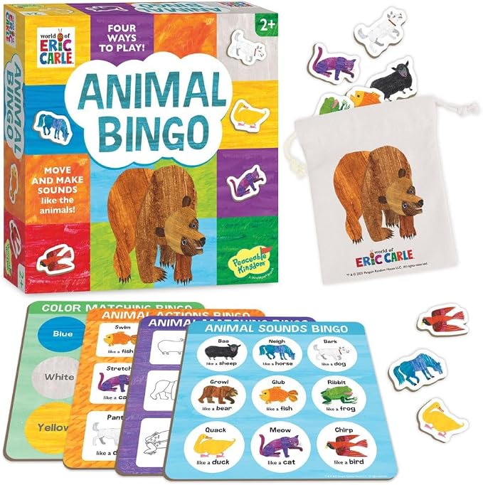 Peaceable Kingdom World of Eric Carle Board Game | A fast, replayable board game. Includes 9 wooden animals and 2 double-sided bingo boards. Ages 2+.