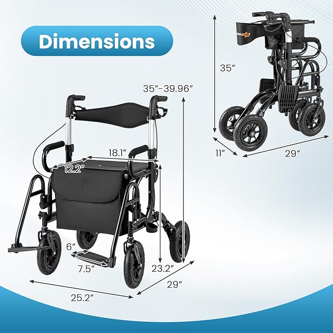 Goplus Walkers for Seniors with Seat, 2 in 1 Folding Rolling Rollator Walker & Wheelchair Combo with Brakes, 9" Pneumatic Tires for All Terrain, Aluminum Adult Mobility Walking Aid