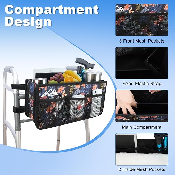 supregear Walker Basket, Foldable Walker Bag with Cup Holder, Storage Pouch with Large Capacity and Never Tipping Over, Hand-Free for Seniors Elderly, Not Fit for Rollator, Floral Black