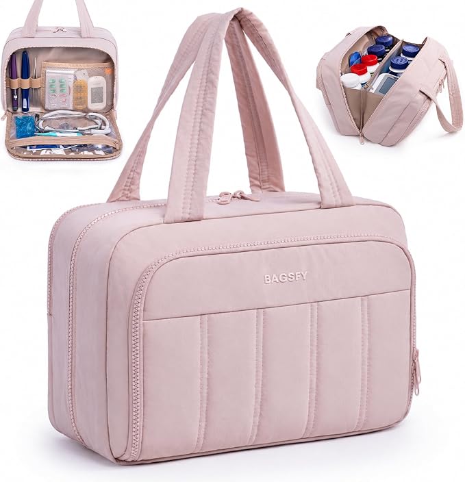 BAGSFY Travel Medicine Bag with 2 Separate Compartments, Wide-Opening Medication Organizer, Puffy Medical Storage Bag for Prescription Bottles, Pill Cases, Medical Supplies,Travel & Family Emergency