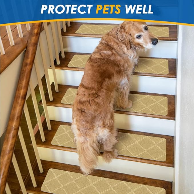RIOLAND Stair Treads Carpet Non-Slip Indoor 15 PCS Wood Stair Treads Rugs Anti Moving Modern Stair Runners Safety for Kids Dogs, 8" X 30", Diamond Beige