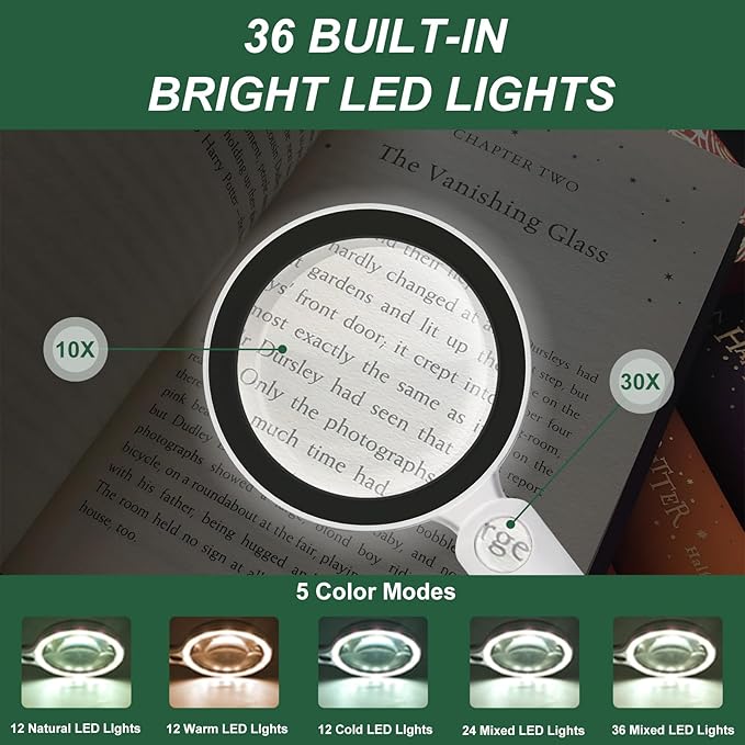 Glass Magnifying Glass with Light Handheld 10X 30X Magnifier with 36 LEDs, 5 Color Modes Rechargeable Lighted Magnifiers, Gift for Senior Reading, Coin, Stamps, Inspection (Black & White)