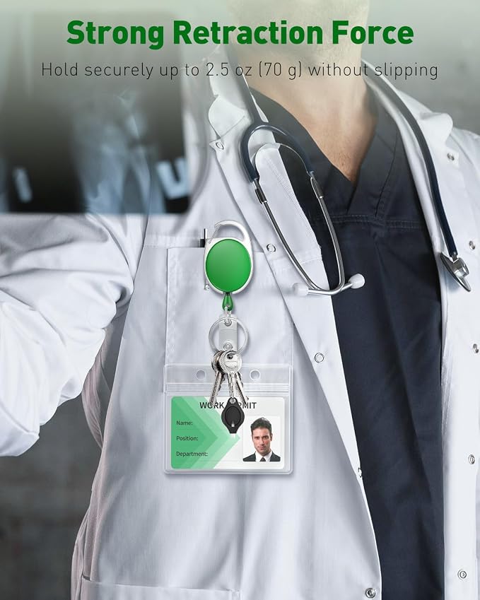 Uniclife 2 Pack Retractable Badge Reel for Badge Holder Green Heavy Duty Retractable Keychain Strong ABS Casing with Stainless Steel Spring Coil 24 Inch Nylon Rope Carabiner Clip and Key Ring