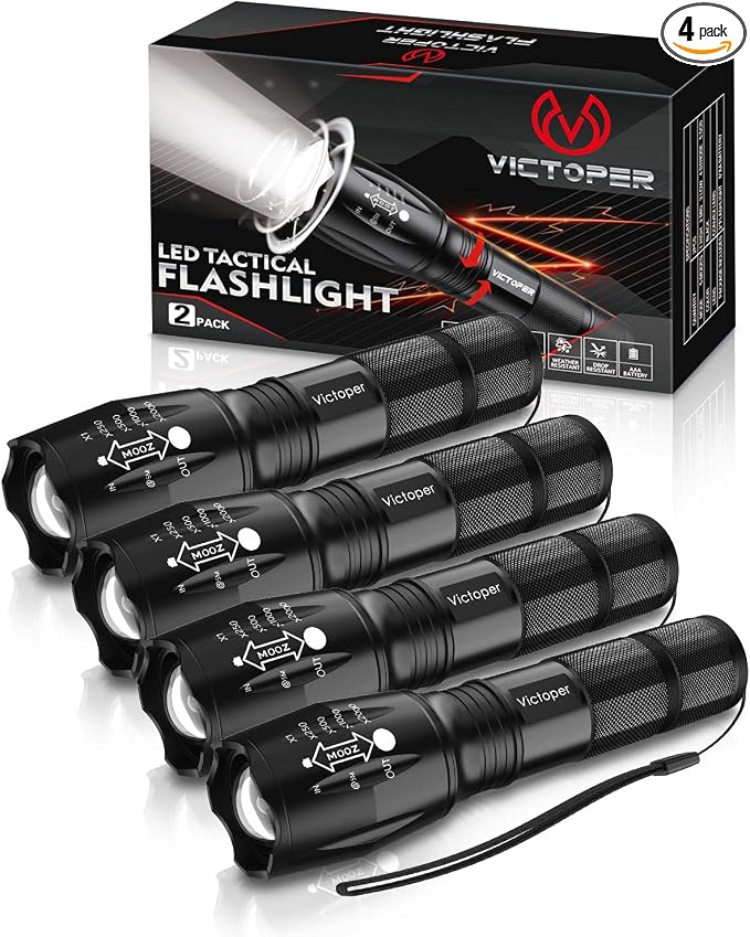 Victoper LED Flashlight 4 Pack, Bright Tactical Torch High Lumens with 5 Modes, Waterproof Zoomable Flash Light for Outdoor, Birthday Gifts for Men, Dorm Room Hiking Camping Essentials Gear for Guys